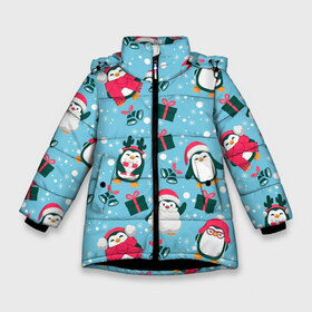 Зимняя куртка для девочек 3D с принтом Новогодние Пингвины в Петрозаводске, ткань верха — 100% полиэстер; подклад — 100% полиэстер, утеплитель — 100% полиэстер. | длина ниже бедра, удлиненная спинка, воротник стойка и отстегивающийся капюшон. Есть боковые карманы с листочкой на кнопках, утяжки по низу изделия и внутренний карман на молнии. 

Предусмотрены светоотражающий принт на спинке, радужный светоотражающий элемент на пуллере молнии и на резинке для утяжки. | Тематика изображения на принте: 2021 | белка | гирлянда | год быка | дед мороз | детская | дочка | елка | енот | кот | котик | лиса | маска | милая | неон | новогодняя | новый год | олень | паттерн | пингвин | подарок | праздник | радуга
