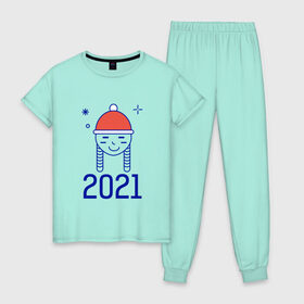 Женская пижама хлопок с принтом Снегурочка в Петрозаводске, 100% хлопок | брюки и футболка прямого кроя, без карманов, на брюках мягкая резинка на поясе и по низу штанин | 