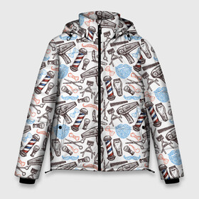 Мужская зимняя куртка 3D с принтом Барбершоп в Петрозаводске, верх — 100% полиэстер; подкладка — 100% полиэстер; утеплитель — 100% полиэстер | длина ниже бедра, свободный силуэт Оверсайз. Есть воротник-стойка, отстегивающийся капюшон и ветрозащитная планка. 

Боковые карманы с листочкой на кнопках и внутренний карман на молнии. | brush | butterfly | hairdryer | razor | scissors | tube | бабочка | бритва | кисточка | ножницы | трубка | фен