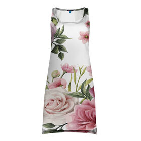 Платье-майка 3D с принтом Розовые розы в Петрозаводске, 100% полиэстер | полуприлегающий силуэт, широкие бретели, круглый вырез горловины, удлиненный подол сзади. | pink | rose | букет | розовое настроение | цветы