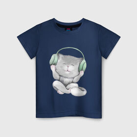 Детская футболка хлопок с принтом Котенок меломан в Петрозаводске, 100% хлопок | круглый вырез горловины, полуприлегающий силуэт, длина до линии бедер | зеленый | котенок | малыш | музыка | наушники | пушистый | ребенок | серый