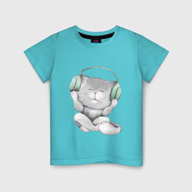 Детская футболка хлопок с принтом Котенок меломан в Петрозаводске, 100% хлопок | круглый вырез горловины, полуприлегающий силуэт, длина до линии бедер | зеленый | кот | котенок | малыш | музыка | наушники | пушистый | серый