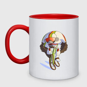 Кружка двухцветная с принтом Безумный велосипедист в Петрозаводске, керамика | объем — 330 мл, диаметр — 80 мм. Цветная ручка и кайма сверху, в некоторых цветах — вся внутренняя часть | арт | велосипед | велосипедист | обезьяна | рисунок | спортсмен