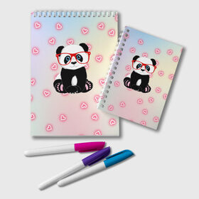 Блокнот с принтом Милая пандочка в Петрозаводске, 100% бумага | 48 листов, плотность листов — 60 г/м2, плотность картонной обложки — 250 г/м2. Листы скреплены удобной пружинной спиралью. Цвет линий — светло-серый
 | маленькая панда | маленькая пандочк | милая панда | милая пандочка | панда | панда в красных очках | панда в очках | панда очки | панда сердечки | панда сердце | пандочка | пандочка в красных очках