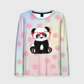 Женский лонгслив 3D с принтом Милая пандочка  в Петрозаводске, 100% полиэстер | длинные рукава, круглый вырез горловины, полуприлегающий силуэт | маленькая панда | маленькая пандочк | милая панда | милая пандочка | панда | панда в красных очках | панда в очках | панда очки | панда сердечки | панда сердце | пандочка | пандочка в красных очках