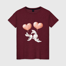 Женская футболка хлопок с принтом Пара влюбленных зайчиков в Петрозаводске, 100% хлопок | прямой крой, круглый вырез горловины, длина до линии бедер, слегка спущенное плечо | зайчики | любовь | пара | розовый | сердце | серый | шарики