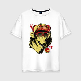 Женская футболка хлопок Oversize с принтом Крутая обезьяна в Петрозаводске, 100% хлопок | свободный крой, круглый ворот, спущенный рукав, длина до линии бедер
 | арт | блеск | золотой кулон | кепка | крутая | круто | кулон | обезьяна | очки | рисунок