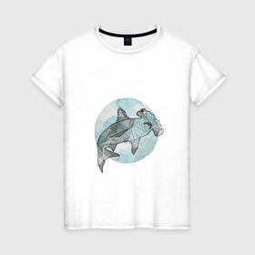 Женская футболка хлопок с принтом Акула-молот в Петрозаводске, 100% хлопок | прямой крой, круглый вырез горловины, длина до линии бедер, слегка спущенное плечо | circle | graphics | moon | shark | watercolor | акварель | акула | графика | круг | луна