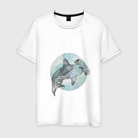 Мужская футболка хлопок с принтом Акула-молот в Петрозаводске, 100% хлопок | прямой крой, круглый вырез горловины, длина до линии бедер, слегка спущенное плечо. | circle | graphics | moon | shark | watercolor | акварель | акула | графика | круг | луна