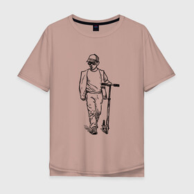Мужская футболка хлопок Oversize с принтом Самокатер в Петрозаводске, 100% хлопок | свободный крой, круглый ворот, “спинка” длиннее передней части | крутой | самокат | чёрно белый