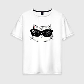 Женская футболка хлопок Oversize с принтом COOL CAT в Петрозаводске, 100% хлопок | свободный крой, круглый ворот, спущенный рукав, длина до линии бедер
 | cat | киса | киска | кот | коты | котяра | кошечка | кошка | ленивец | лиса | лисичка | очки | панда | с кисой | с котом | с кошечкой | собака