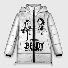 Женская зимняя куртка 3D с принтом Bendy And The Ink Machine в Петрозаводске, верх — 100% полиэстер; подкладка — 100% полиэстер; утеплитель — 100% полиэстер | длина ниже бедра, силуэт Оверсайз. Есть воротник-стойка, отстегивающийся капюшон и ветрозащитная планка. 

Боковые карманы с листочкой на кнопках и внутренний карман на молнии | bendy | bendy and the ink machine | бенди | бени | бенни | бэнди | детская | детям | игра | капли | компьютерная игра | краска | машина | подтеки | ужастик | чернила | чернильная