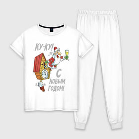 Женская пижама хлопок с принтом Ку-ку! С Новым годом! в Петрозаводске, 100% хлопок | брюки и футболка прямого кроя, без карманов, на брюках мягкая резинка на поясе и по низу штанин | 