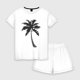 Женская пижама с шортиками хлопок с принтом Пальма в Петрозаводске, 100% хлопок | футболка прямого кроя, шорты свободные с широкой мягкой резинкой | palm | дерево | жаркие страны | кокосы | море | отдых | черно белый | черный | экзотика