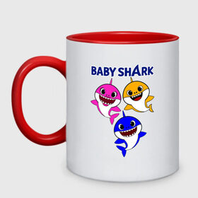 Кружка двухцветная с принтом Baby Shark в Петрозаводске, керамика | объем — 330 мл, диаметр — 80 мм. Цветная ручка и кайма сверху, в некоторых цветах — вся внутренняя часть | baby | baby shark | shark | акула | анимация | бэби | бэби шарк | дети | мультфильм | песня | ребенок | шарк
