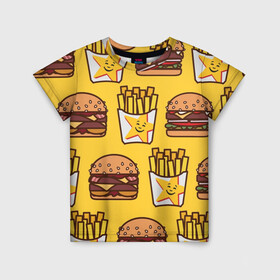 Детская футболка 3D с принтом фастфуд в Петрозаводске, 100% гипоаллергенный полиэфир | прямой крой, круглый вырез горловины, длина до линии бедер, чуть спущенное плечо, ткань немного тянется | гамбургер | еда | картошка фри | фастфуд