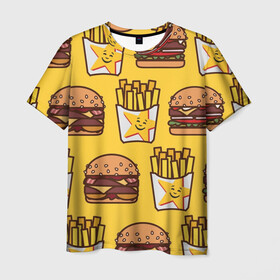 Мужская футболка 3D с принтом фастфуд в Петрозаводске, 100% полиэфир | прямой крой, круглый вырез горловины, длина до линии бедер | гамбургер | еда | картошка фри | фастфуд