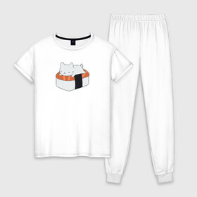 Женская пижама хлопок с принтом Суши в Петрозаводске, 100% хлопок | брюки и футболка прямого кроя, без карманов, на брюках мягкая резинка на поясе и по низу штанин | вкусняшка | котейка | любовь | милый