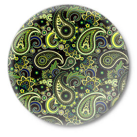 Значок с принтом Молекулярный рисунок в Петрозаводске,  металл | круглая форма, металлическая застежка в виде булавки | арт | биология | жёлтый | зелёный | молекула | рисунок | синий | чёрный
