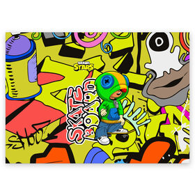 Поздравительная открытка с принтом Brawl Stars (skateboard) в Петрозаводске, 100% бумага | плотность бумаги 280 г/м2, матовая, на обратной стороне линовка и место для марки
 | brawl | break dance | leon | moba | skateboard | stars | supercell | surfing | игра | коллаборация | коллаж | паттерн