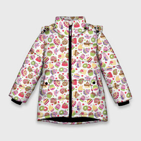 Зимняя куртка для девочек 3D с принтом Сладкий рай в Петрозаводске, ткань верха — 100% полиэстер; подклад — 100% полиэстер, утеплитель — 100% полиэстер. | длина ниже бедра, удлиненная спинка, воротник стойка и отстегивающийся капюшон. Есть боковые карманы с листочкой на кнопках, утяжки по низу изделия и внутренний карман на молнии. 

Предусмотрены светоотражающий принт на спинке, радужный светоотражающий элемент на пуллере молнии и на резинке для утяжки. | berries | cake | cherry | cream | croissant | cupcake | donut | heart | jelly | pancake | raspberry | roll | rose | strawberry | вишня | желе | кекс | клубника | крем | круассан | малина | панкейк | пирожное | пончик | розочка | рулет | сердце | торт | яг