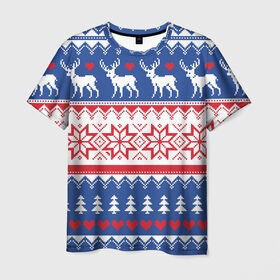 Мужская футболка 3D с принтом Новогодний узор с оленями в Петрозаводске, 100% полиэфир | прямой крой, круглый вырез горловины, длина до линии бедер | 