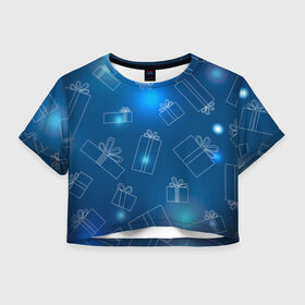Женская футболка Crop-top 3D с принтом Подарки в Петрозаводске, 100% полиэстер | круглая горловина, длина футболки до линии талии, рукава с отворотами | бантики | градиент | коробочки | новогодняя | подарки