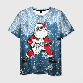 Мужская футболка 3D с принтом Дед Мороз Рокер в Петрозаводске, 100% полиэфир | прямой крой, круглый вырез горловины, длина до линии бедер | гитара | гитарист | год | дед | зима | зимний | клаус | метал | металл | мороз | музыка | музыкант | новый | рождество | рок | рокер | санта