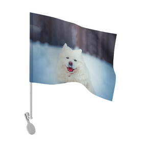 Флаг для автомобиля с принтом САМОЕД в Петрозаводске, 100% полиэстер | Размер: 30*21 см | Тематика изображения на принте: animals | dog | winter | домашние | друг | животные | звери | зима | лайка | пес | песель | природа | пушистый | самоед | собаки | собачка | хаски