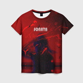 Женская футболка 3D с принтом SONATA в Петрозаводске, 100% полиэфир ( синтетическое хлопкоподобное полотно) | прямой крой, круглый вырез горловины, длина до линии бедер | брызги | девушка | капли | надпись | неоновый свет | ночной клуб | стекло