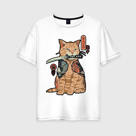 Женская футболка хлопок Oversize с принтом Кот самурай в Петрозаводске, 100% хлопок | свободный крой, круглый ворот, спущенный рукав, длина до линии бедер
 | cat | иероглифы | кот | котэ | котяра | кошка | меч | ниндзя | самурай | япония