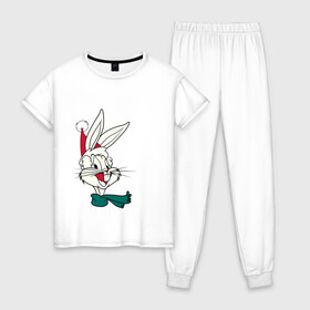 Женская пижама хлопок с принтом Bugs Bunny в Петрозаводске, 100% хлопок | брюки и футболка прямого кроя, без карманов, на брюках мягкая резинка на поясе и по низу штанин | looney tunes | warner bros | багз банни | безумные мелодии | веселые мелодии | ворнер | луни тюнз | луни тюнс | мультяшки | новый год