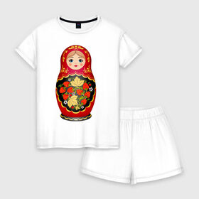 Женская пижама с шортиками хлопок с принтом Матрешка Снегурка Хохлома в Петрозаводске, 100% хлопок | футболка прямого кроя, шорты свободные с широкой мягкой резинкой | 