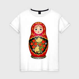 Женская футболка хлопок с принтом Матрешка Снегурка Хохлома в Петрозаводске, 100% хлопок | прямой крой, круглый вырез горловины, длина до линии бедер, слегка спущенное плечо | 