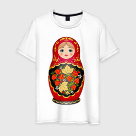 Мужская футболка хлопок с принтом Матрешка Снегурка Хохлома в Петрозаводске, 100% хлопок | прямой крой, круглый вырез горловины, длина до линии бедер, слегка спущенное плечо. | 