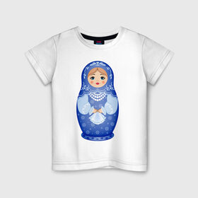 Детская футболка хлопок с принтом Матрешка Снегурка Гжель в Петрозаводске, 100% хлопок | круглый вырез горловины, полуприлегающий силуэт, длина до линии бедер | Тематика изображения на принте: 