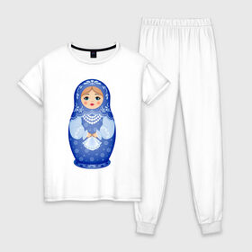 Женская пижама хлопок с принтом Матрешка Снегурка Гжель в Петрозаводске, 100% хлопок | брюки и футболка прямого кроя, без карманов, на брюках мягкая резинка на поясе и по низу штанин | Тематика изображения на принте: 