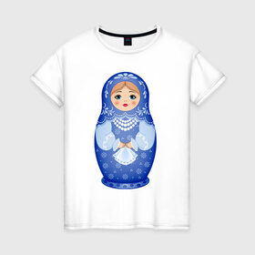 Женская футболка хлопок с принтом Матрешка Снегурка Гжель в Петрозаводске, 100% хлопок | прямой крой, круглый вырез горловины, длина до линии бедер, слегка спущенное плечо | Тематика изображения на принте: 