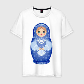 Мужская футболка хлопок с принтом Матрешка Снегурка Гжель в Петрозаводске, 100% хлопок | прямой крой, круглый вырез горловины, длина до линии бедер, слегка спущенное плечо. | 