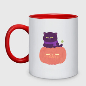 Кружка двухцветная с принтом Хеллоуиновский кот в Петрозаводске, керамика | объем — 330 мл, диаметр — 80 мм. Цветная ручка и кайма сверху, в некоторых цветах — вся внутренняя часть | Тематика изображения на принте: арт | ведьма | кот | кошка | рисунок | сладость чупа чупс | тыква | хеллоуин | хэллоуин | чёрная кошка | чёрный кот | шарф