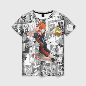 Женская футболка 3D с принтом Хината Се Haikyu! в Петрозаводске, 100% полиэфир ( синтетическое хлопкоподобное полотно) | прямой крой, круглый вырез горловины, длина до линии бедер | волейбол | карасуно | манга | мяч | хината се
