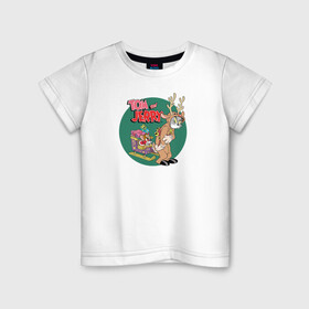 Детская футболка хлопок с принтом Tom and Jerry в Петрозаводске, 100% хлопок | круглый вырез горловины, полуприлегающий силуэт, длина до линии бедер | tom and jerry | vdkimel | warner bros | новый год | олень | подарки | сани | санта клаус | том и джерри