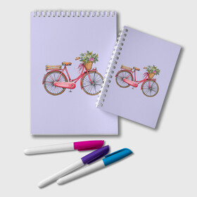 Блокнот с принтом Bicycle в Петрозаводске, 100% бумага | 48 листов, плотность листов — 60 г/м2, плотность картонной обложки — 250 г/м2. Листы скреплены удобной пружинной спиралью. Цвет линий — светло-серый
 | Тематика изображения на принте: букет | велосипед | лето | цветы