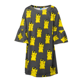 Детское платье 3D с принтом Пикачу эмодзи в Петрозаводске, 100% полиэстер | прямой силуэт, чуть расширенный к низу. Круглая горловина, на рукавах — воланы | Тематика изображения на принте: baby | cartoon | emoji | happy | kawaii | pika pika | pikachu | pokemon go | team | детям | зайчик | иви | кавайный | кролик | малыш | мордочка | мультяшный | персонажи аниме | пика пика | пикачу | покемоны | улыбка | ушки | щеки | эмоции | 