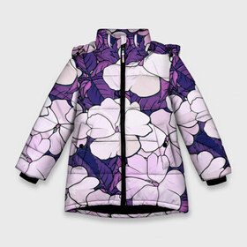 Зимняя куртка для девочек 3D с принтом Фиолетовые цветы в Петрозаводске, ткань верха — 100% полиэстер; подклад — 100% полиэстер, утеплитель — 100% полиэстер. | длина ниже бедра, удлиненная спинка, воротник стойка и отстегивающийся капюшон. Есть боковые карманы с листочкой на кнопках, утяжки по низу изделия и внутренний карман на молнии. 

Предусмотрены светоотражающий принт на спинке, радужный светоотражающий элемент на пуллере молнии и на резинке для утяжки. | 