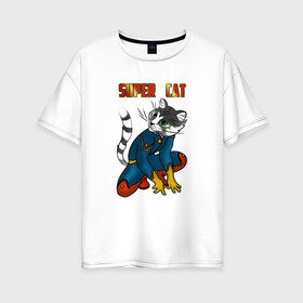 Женская футболка хлопок Oversize с принтом Супер Кот в Петрозаводске, 100% хлопок | свободный крой, круглый ворот, спущенный рукав, длина до линии бедер
 | кот | коты. cat | кошка. котик. котенок