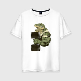 Женская футболка хлопок Oversize с принтом Крокодил в Петрозаводске, 100% хлопок | свободный крой, круглый ворот, спущенный рукав, длина до линии бедер
 | злой крокодил | крокодил | крокодил с гантелей | мускулистый крокодил | сильный крокодил