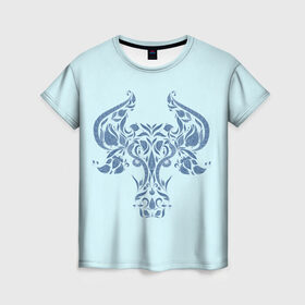 Женская футболка 3D с принтом Бык узорный в Петрозаводске, 100% полиэфир ( синтетическое хлопкоподобное полотно) | прямой крой, круглый вырез горловины, длина до линии бедер | бык | год быка | гороскоп | зимние узоры. | знаки зодиака | узоры