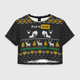 Женская футболка Crop-top 3D с принтом Pornhub свитер с оленями в Петрозаводске, 100% полиэстер | круглая горловина, длина футболки до линии талии, рукава с отворотами | 2021 | knit | knitted | merch | new year | sweater | ugly sweater | вязанный | вязяный | зимний | лого | логотип | мерч | новый год | олени | рождественский | рождественский свитер | рождес