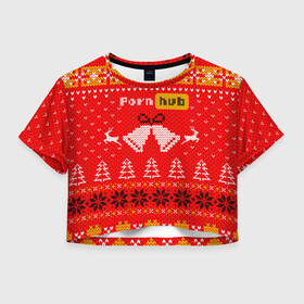 Женская футболка Crop-top 3D с принтом Pornhub рождественский свитер в Петрозаводске, 100% полиэстер | круглая горловина, длина футболки до линии талии, рукава с отворотами | 2021 | christmas | knit | knitted | merch | new year | sweater | ugly sweater | вязанный | вязяный | зимний | лого | логотип | мерч | новый год | олени | рождественский | рождество